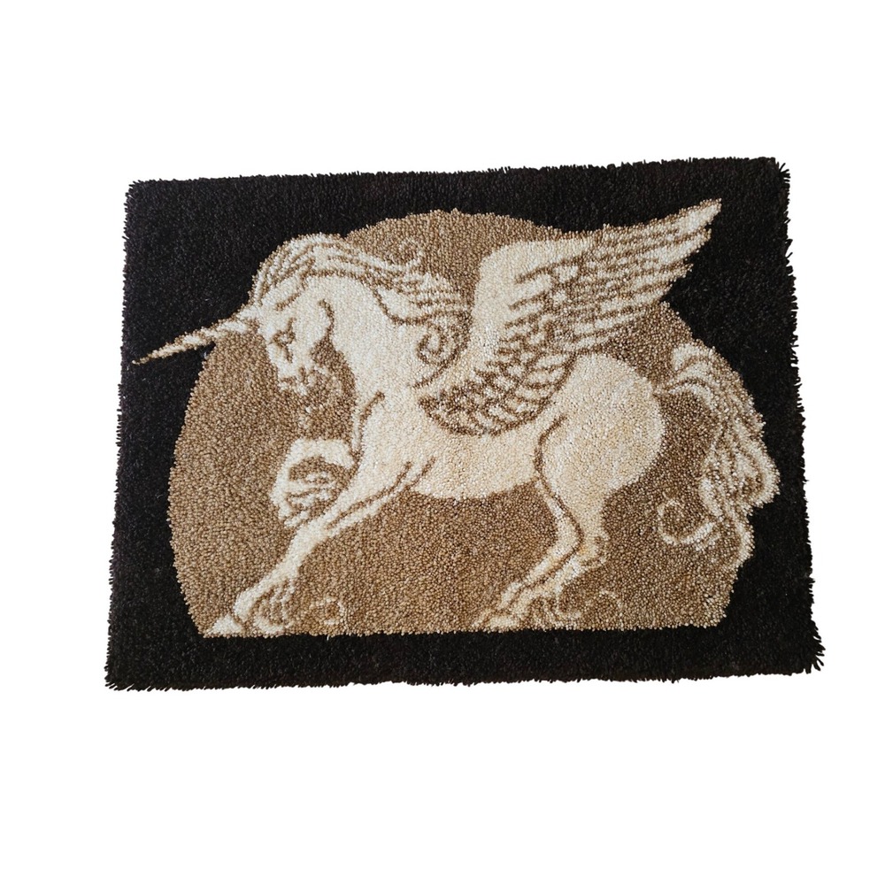 Vintage Latch‎ Hook Rug Wall Hanging Unicorn Pegasus Brown Tan 36x48
